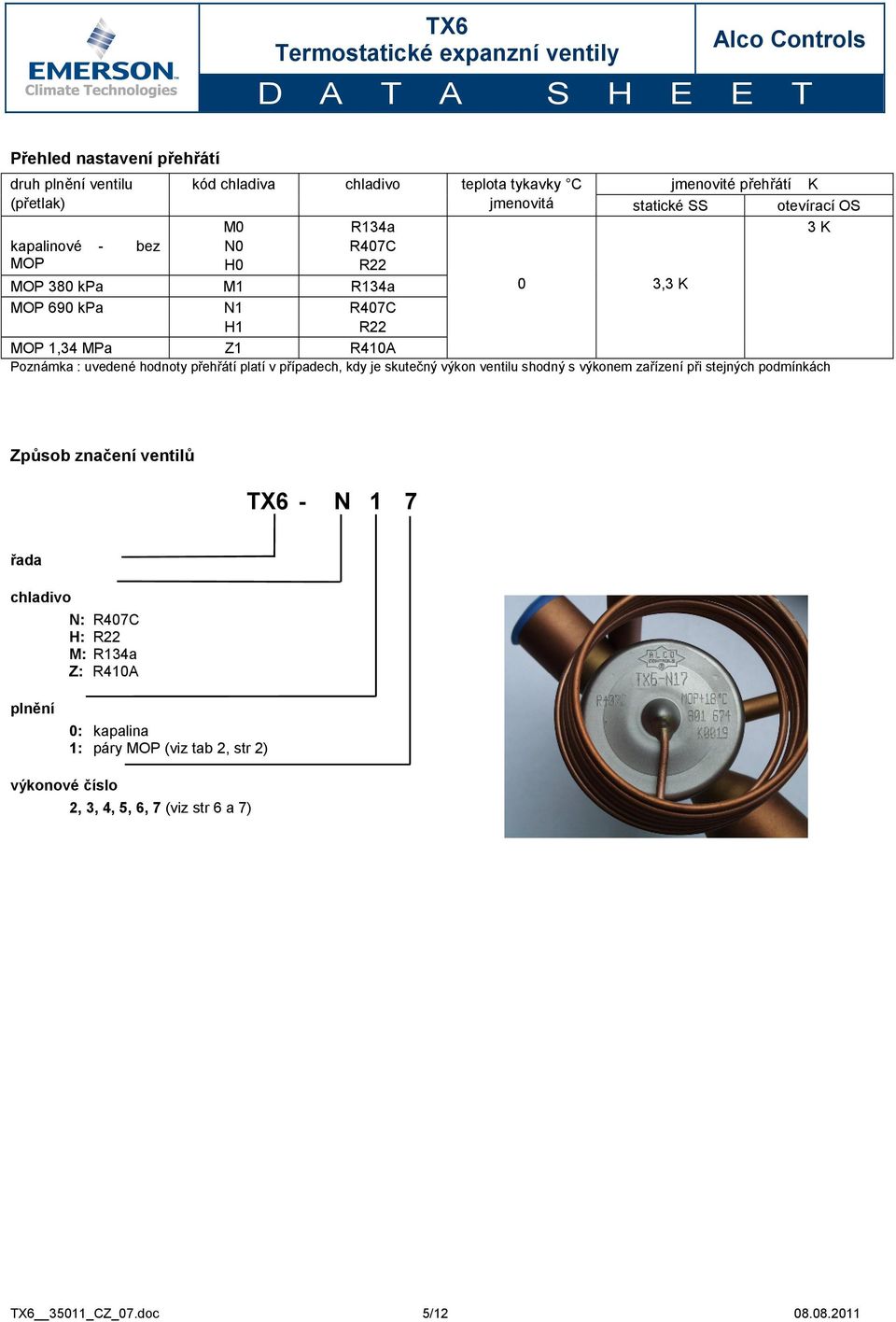 přehřátí platí v případech, kdy je skutečný výkon ventilu shodný s výkonem zařízení při stejných podmínkách Způsob značení ventilů TX6 - N 1 7 řada chladivo