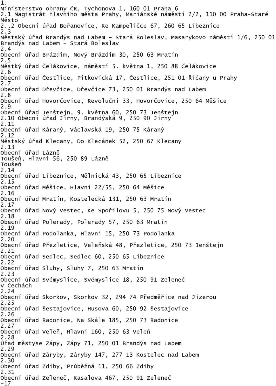 Nový Brázdim 30, 250 63 Mratín 5 Městký úřad Čelákovice, náměstí 5.