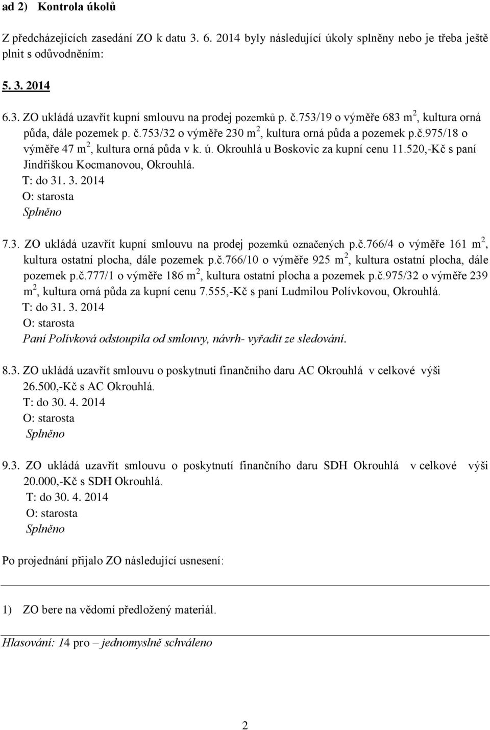Okrouhlá u Boskovic za kupní cenu 11.520,-Kč s paní Jindřiškou Kocmanovou, Okrouhlá. T: do 31. 3. 2014 Splněno 7.3. ZO ukládá uzavřít kupní smlouvu na prodej pozemků označených p.č.766/4 o výměře 161 m 2, kultura ostatní plocha, dále pozemek p.