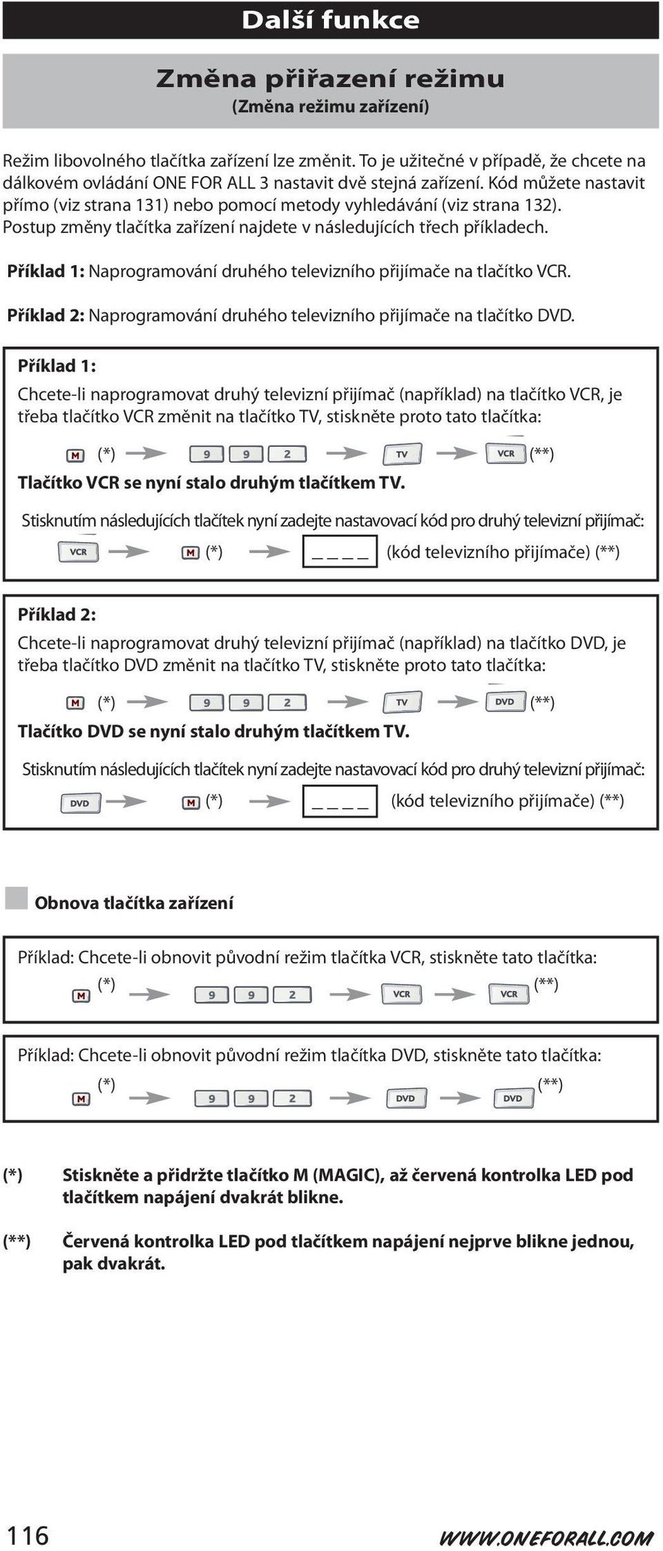 Postup změny tlačítka zařízení najdete v následujících třech příkladech. Příklad 1: Naprogramování druhého televizního přijímače na tlačítko VCR.