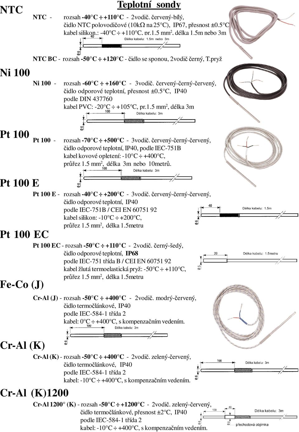 5 C, IP40 podle DIN 437760 kabel PVC: -20 C +105 C, pr.1.5 mm 2, délka 3m Pt 100 Pt 100 - rozsah -70 C +500 C - 3vodi.