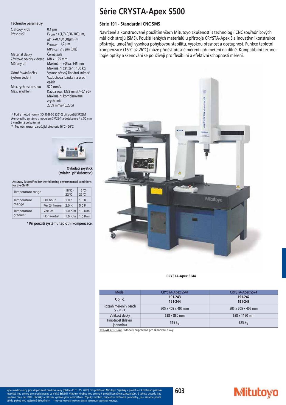 lineární snímač Vzduchová ložiska na všech osách 520 mm/s Každá osa: 1333 mm/s 2 (0,13G) Maximální kombinované zrychlení: 2309 mm/s 2 (0,23G) Série CRYSTA-Apex S500 Série 191 - Standardní CNC SMS