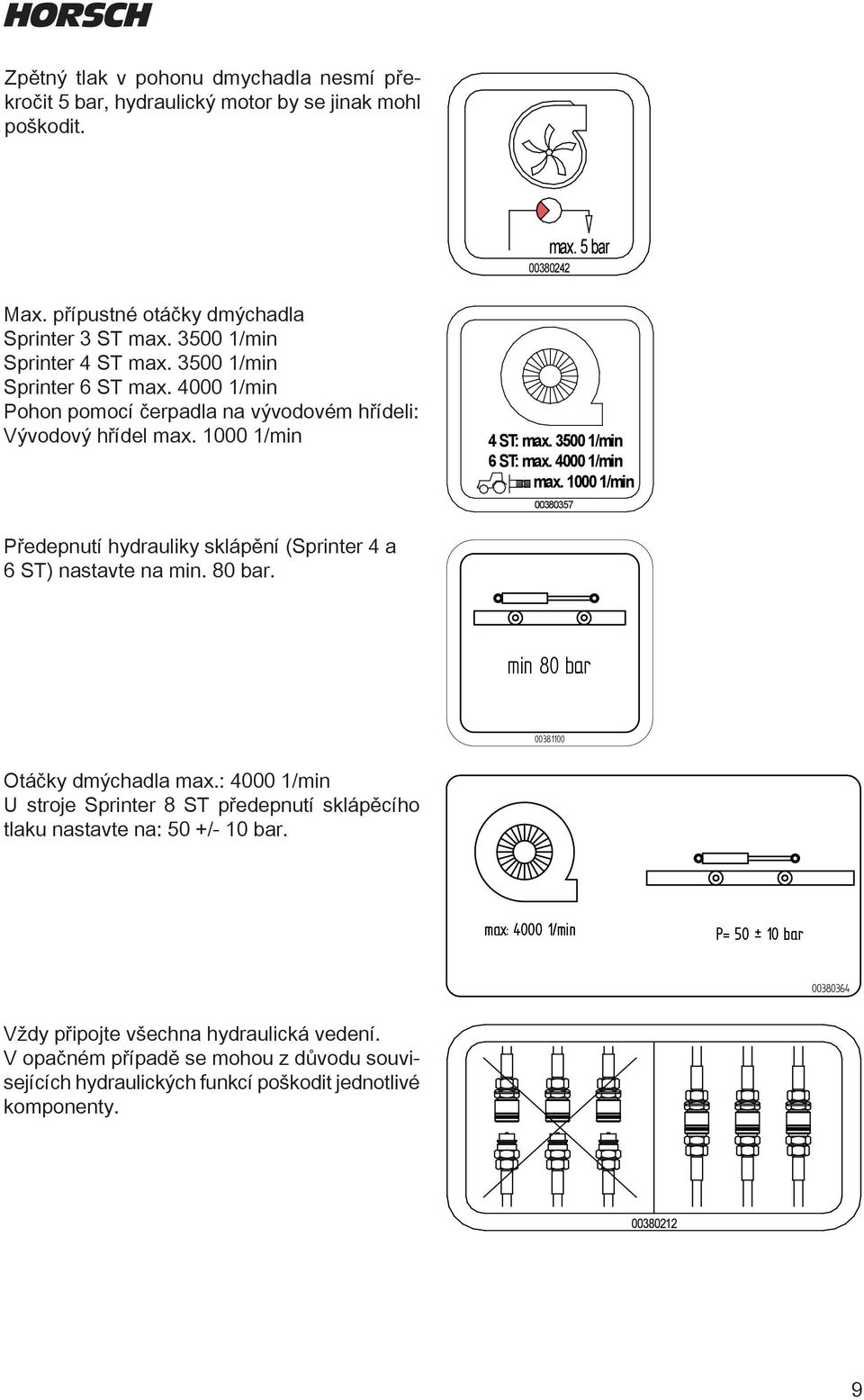 1000 1/min 00380357 Předepnutí hydrauliky sklápění (Sprinter 4 a Maschine 6 ST) nastavte na min. 80 bar.