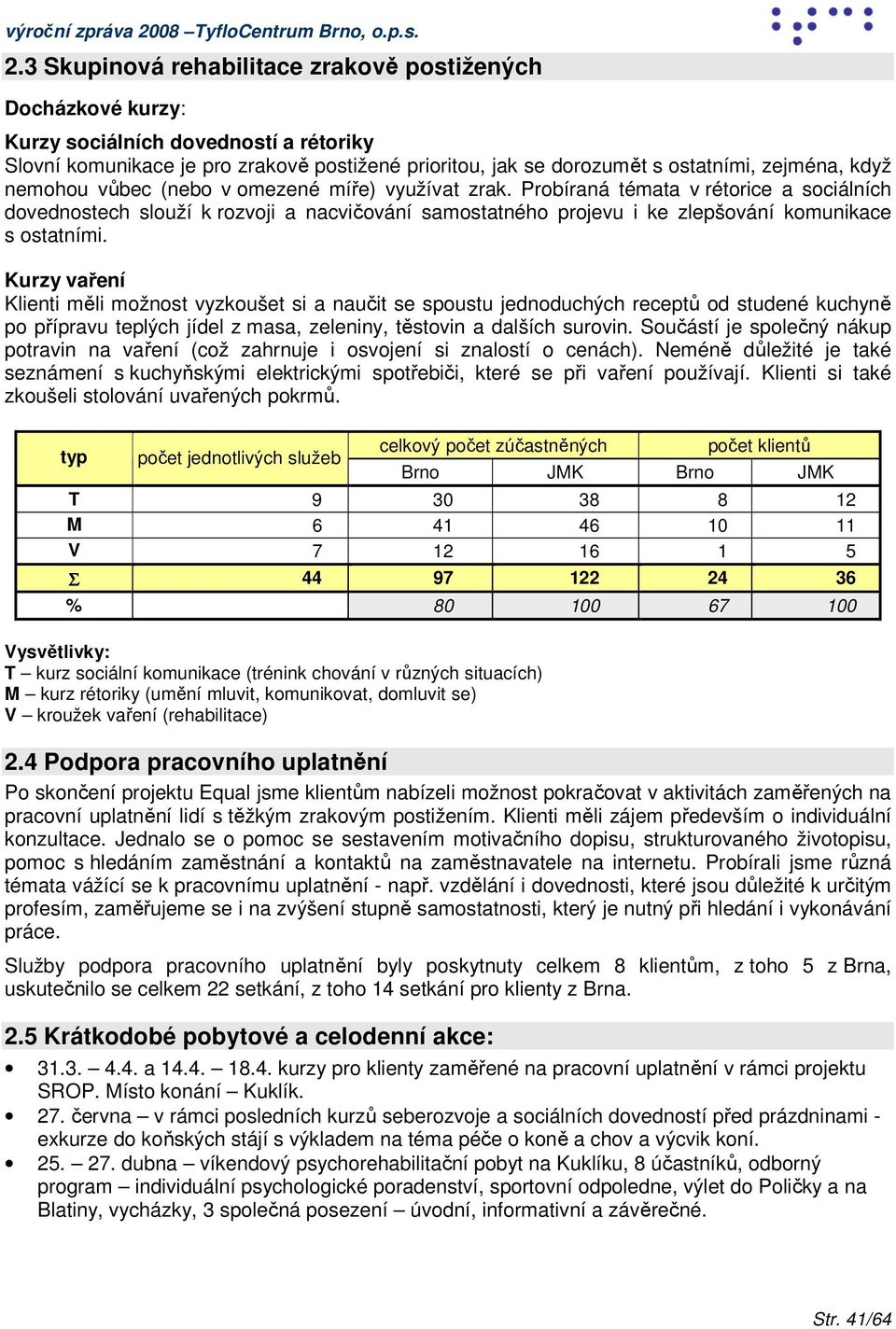 3 Skupinová rehabilitace zrakově postižených Docházkové kurzy: Kurzy sociálních dovedností a rétoriky Slovní komunikace je pro zrakově postižené prioritou, jak se dorozumět s ostatními, zejména, když