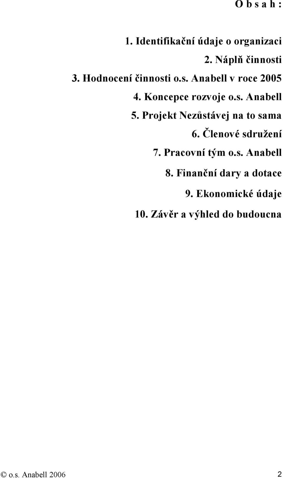 Projekt Nezůstávej na to sama 6. Členové sdružení 7. Pracovní tým o.s. Anabell 8.