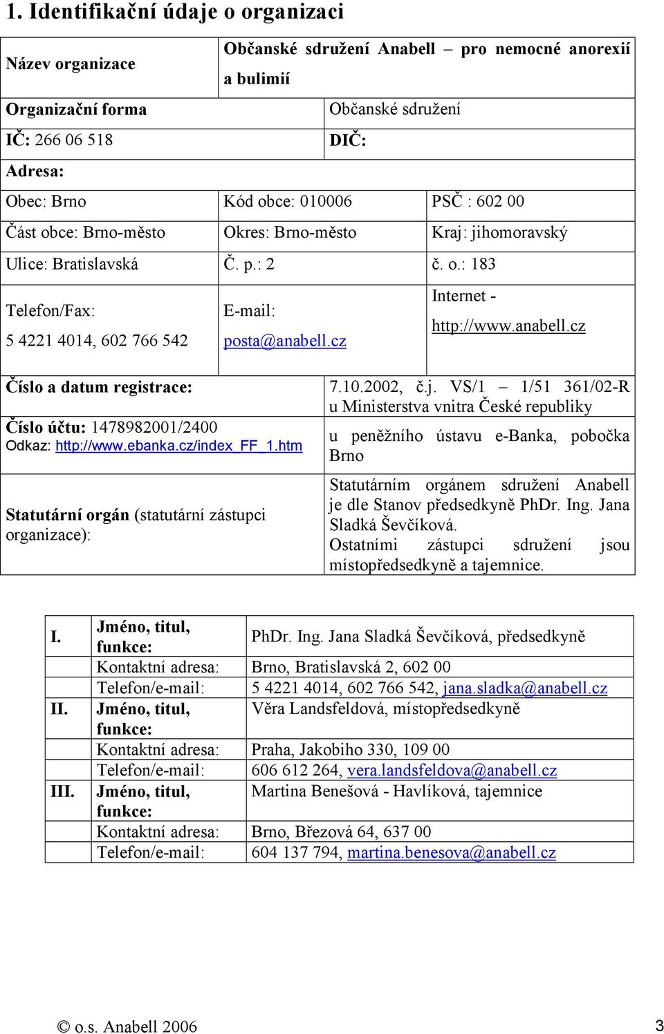 cz 5 4221 4014, 602 766 542 posta@anabell.cz Číslo a datum registrace: Číslo účtu: 1478982001/2400 Odkaz: http://www.ebanka.cz/index_ff_1.htm Statutární orgán (statutární zástupci organizace): 7.10.