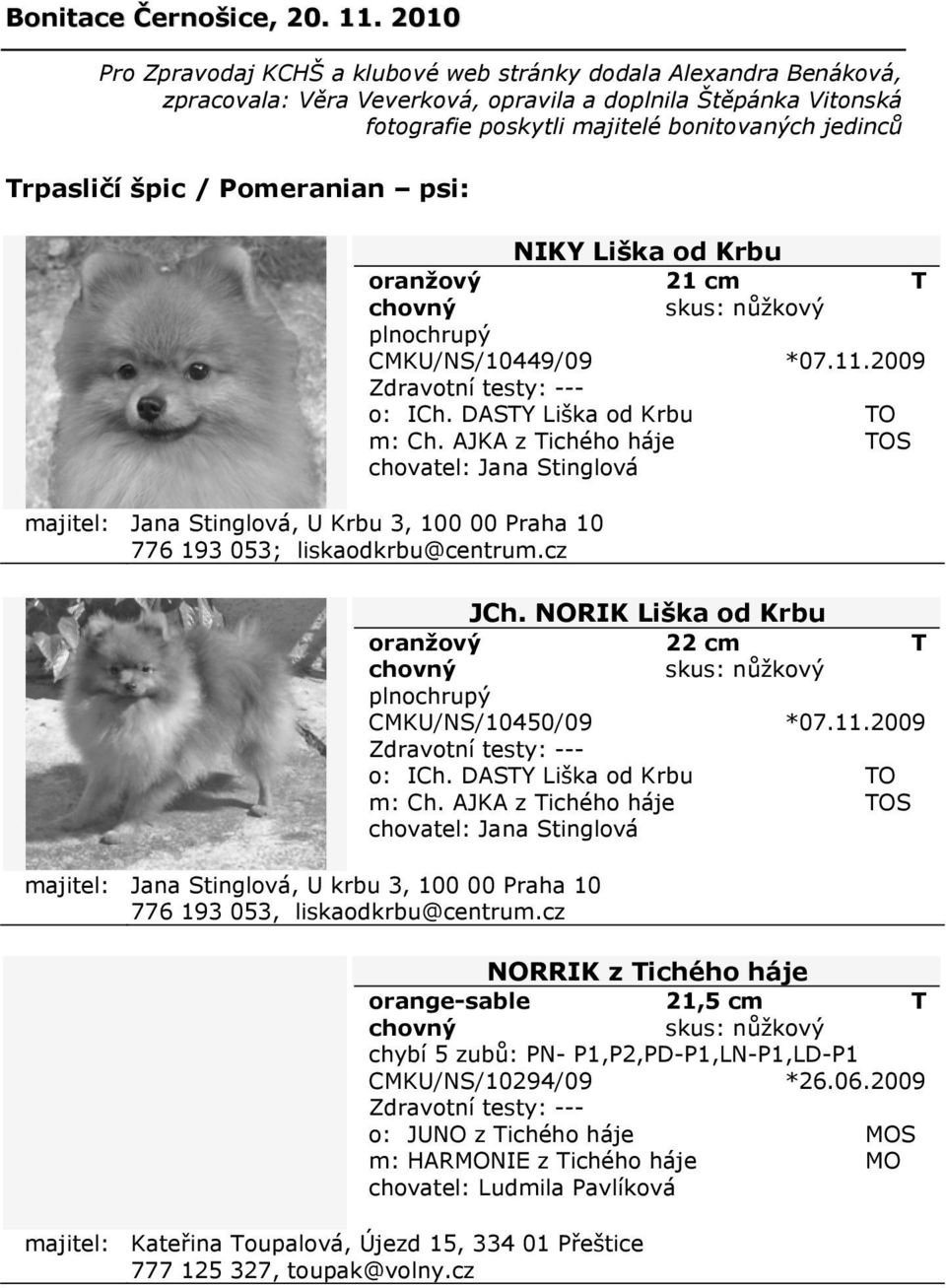 špic / Pomeranian psi: majitel: Jana Stinglová, U Krbu 3, 100 00 Praha 10 776 193 053; liskaodkrbu@centrum.cz NIKY Liška od Krbu oranžový 21 cm T CMKU/NS/10449/09 *07.11.2009 o: ICh.