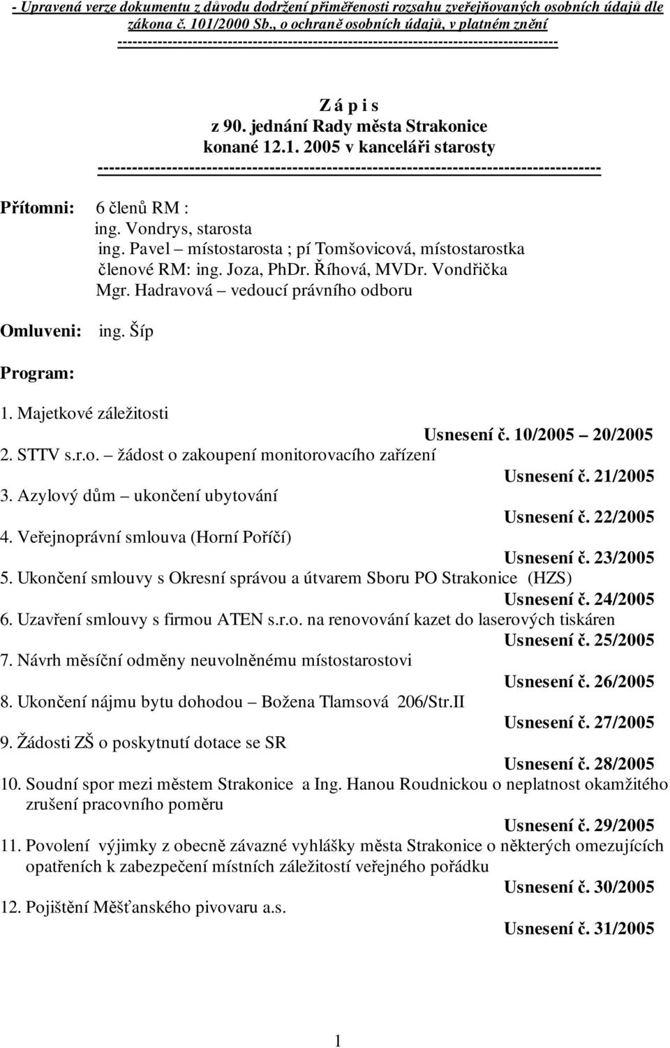 .1. 2005 v kanceláři starosty ---------------------------------------------------------------------------------------- Přítomni: 6 členů RM : ing. Vondrys, starosta ing.