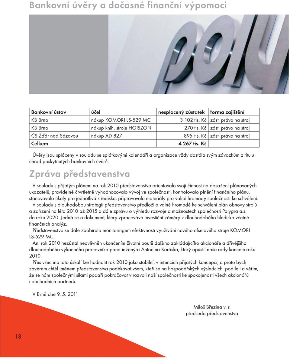 Kč Úvěry jsou spláceny v souladu se splátkovými kalendáři a organizace vždy dostála svým závazkům z titulu úhrad poskytnutých bankovních úvěrů.