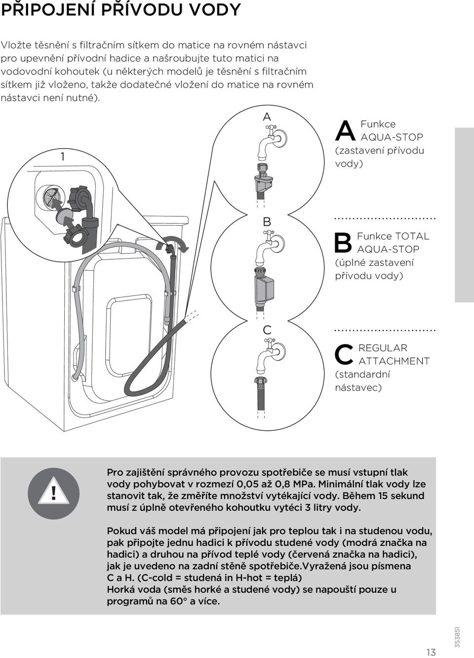1 A A Funkce AQUA-STOP (zastavení přívodu vody) B B Funkce TOTAL AQUA-STOP (úplné zastavení přívodu vody) C C REGULAR ATTACHMENT (standardní nástavec) Pro zajištění správného provozu spotřebiče se