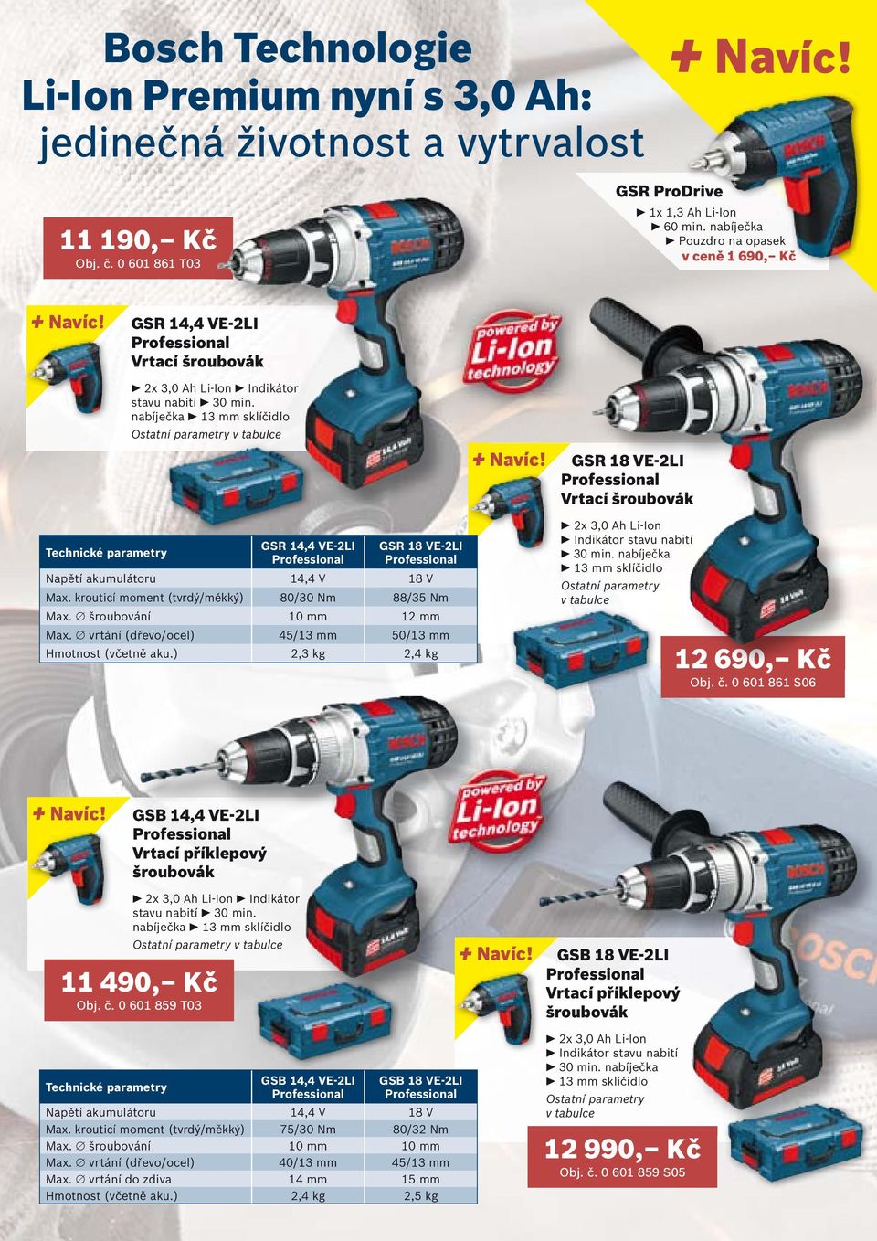 nabíječka 13 mm sklíčidlo Ostatní parametry v tabulce GSR 14,4 VE-2LI GSR 18 VE-2LI Napětí akumulátoru 14,4 V 18 V Max. krouticí moment (tvrdý/měkký) 80/30 Nm 88/35 Nm Max. šroubování 10 mm 12 mm Max.