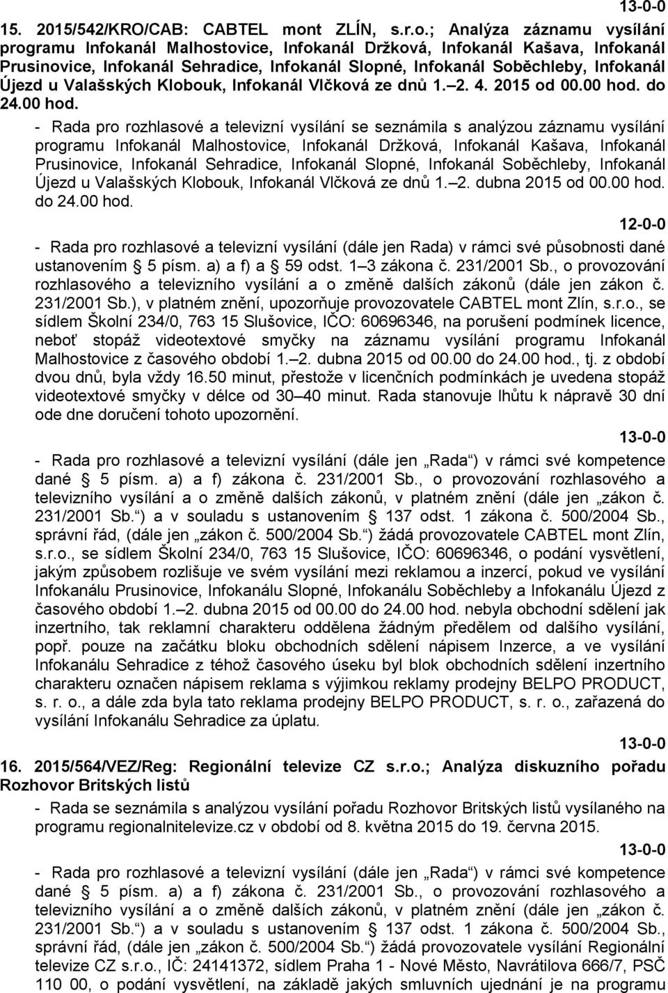 ; Analýza záznamu vysílání programu Infokanál Malhostovice, Infokanál Držková, Infokanál Kašava, Infokanál Prusinovice, Infokanál Sehradice, Infokanál Slopné, Infokanál Soběchleby, Infokanál Újezd u