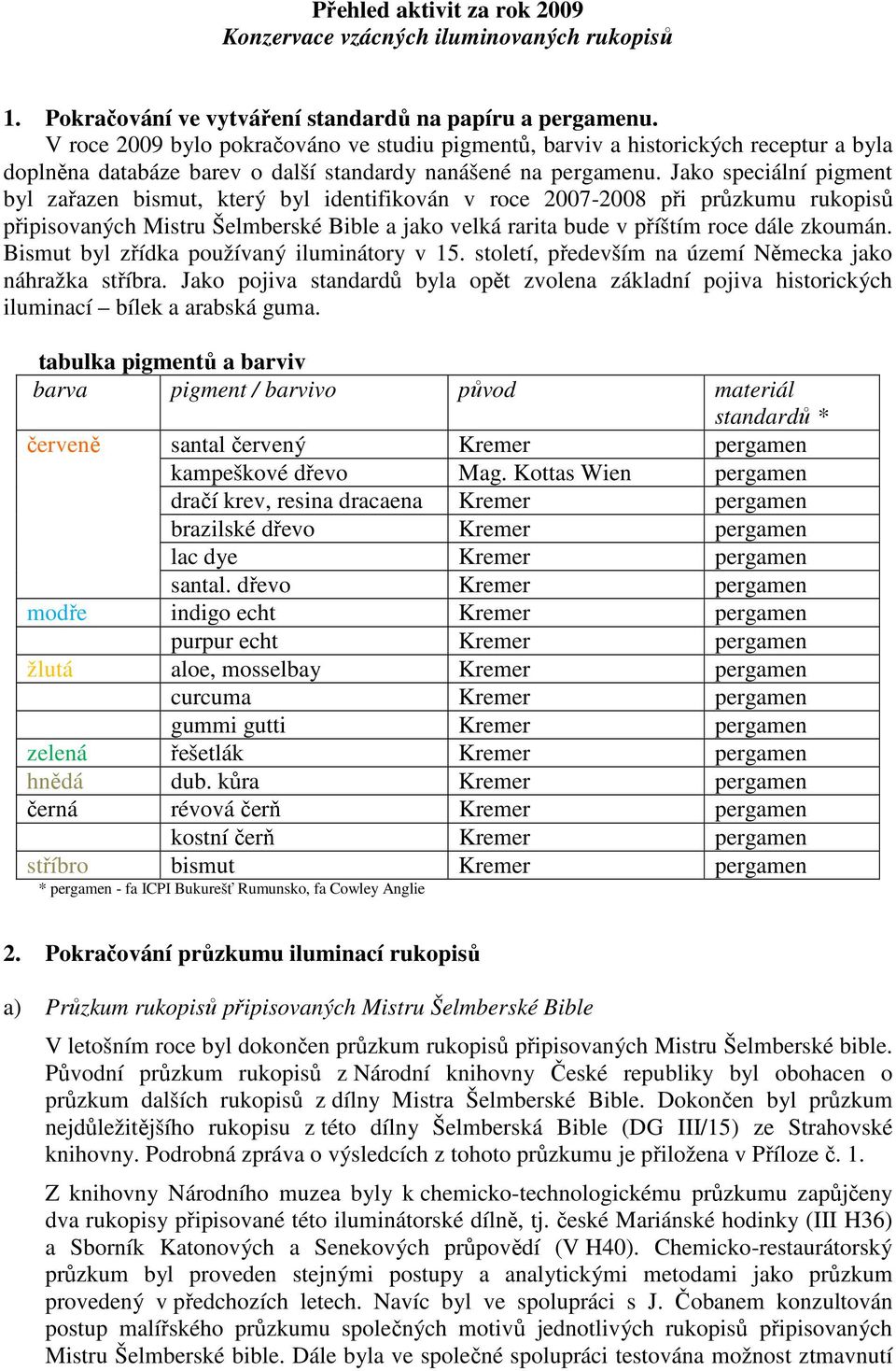 Jako speciální pigment byl zařazen bismut, který byl identifikován v roce 2007-2008 při průzkumu rukopisů připisovaných Mistru Šelmberské Bible a jako velká rarita bude v příštím roce dále zkoumán.