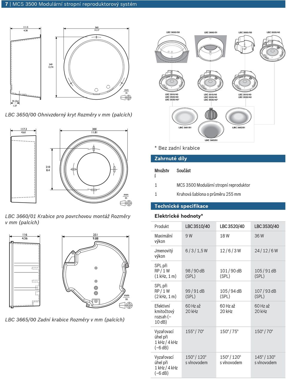 Jmenoviý výkon 9 W W 36 W 6 / 3 /, W / 6 / 3 W 4 / / 6 W při RP / W ( k, m) 9 / 9 db () / 9 db () / 9 db () při RP / W (, m) 99 / 9 db () / 94 db () / 93 db () LBC 366/