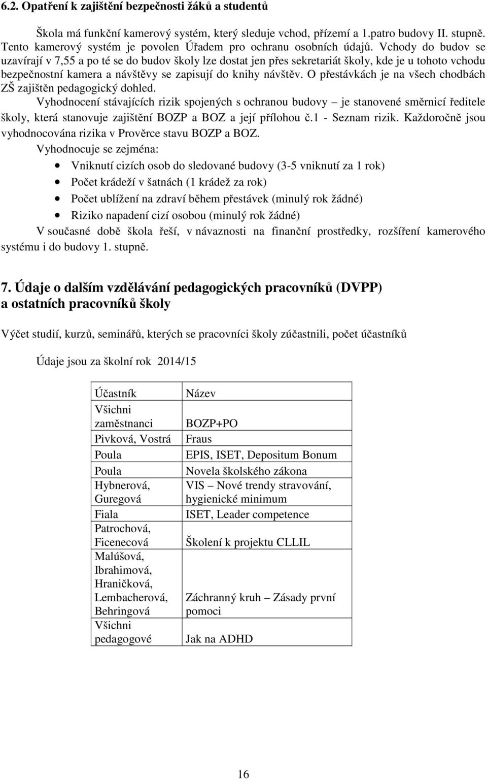 Vchody do budov se uzavírají v 7,55 a po té se do budov školy lze dostat jen přes sekretariát školy, kde je u tohoto vchodu bezpečnostní kamera a návštěvy se zapisují do knihy návštěv.