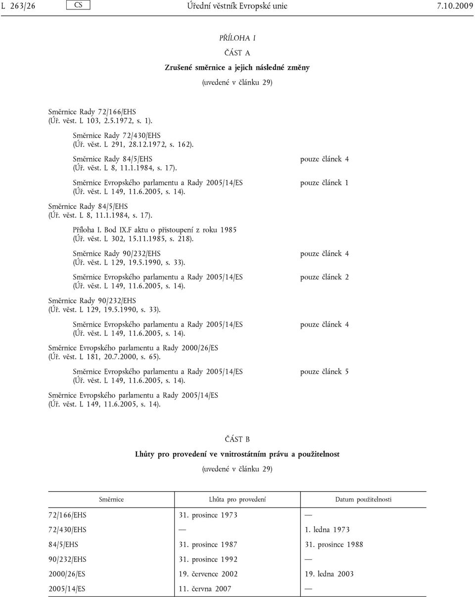 14). pouze článek 4 pouze článek 1 Směrnice Rady 84/5/EHS (Úř. věst. L 8, 11.1.1984, s. 17). Příloha I. Bod IX.F aktu o přistoupení z roku 1985 (Úř. věst. L 302, 15.11.1985, s. 218).