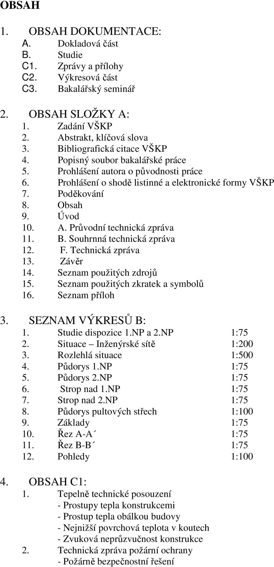 Průvodní technická zpráva 11. B. Souhrnná technická zpráva 12. F. Technická zpráva 13. Závěr 14. Seznam použitých zdrojů 15. Seznam použitých zkratek a symbolů 16. Seznam příloh 3.