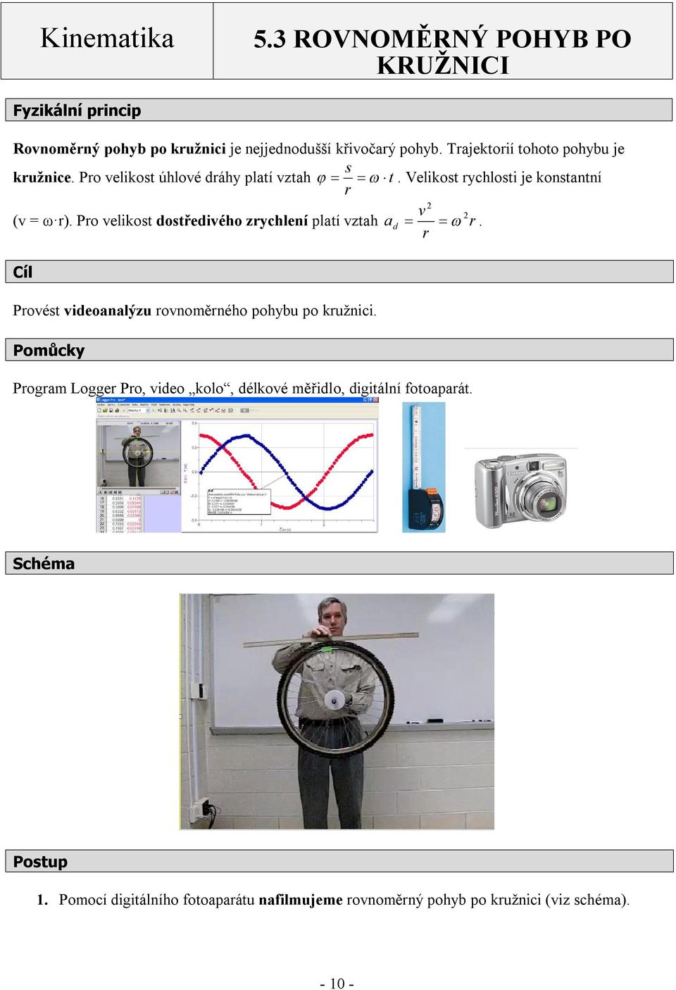 Pro velikost dostředivého zrychlení platí vztah a d r. r Cíl Provést videoanalýzu rovnoměrného pohybu po kružnici.