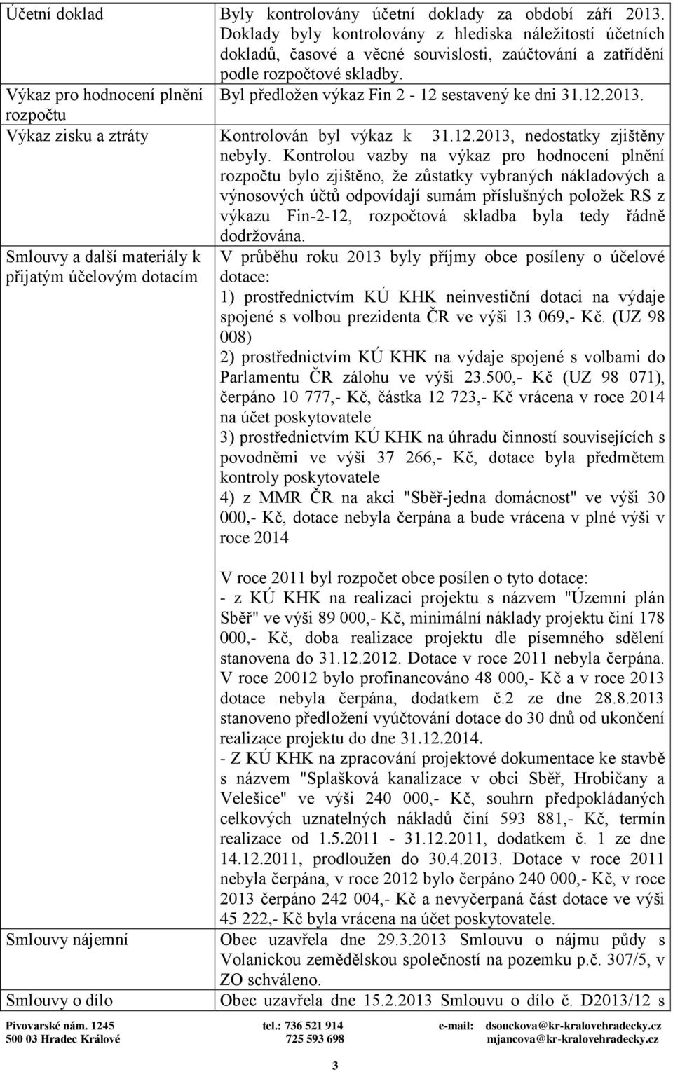 Výkaz pro hodnocení plnění Byl předložen výkaz Fin 2-12 sestavený ke dni 31.12.2013. rozpočtu Výkaz zisku a ztráty Kontrolován byl výkaz k 31.12.2013, nedostatky zjištěny nebyly.