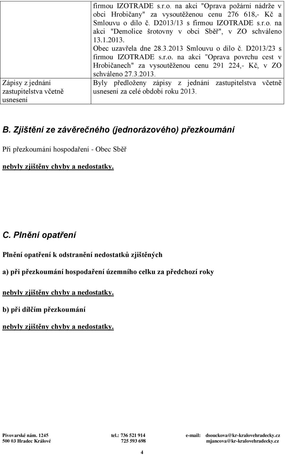 3.2013. Byly předloženy zápisy z jednání zastupitelstva včetně usnesení za celé období roku 2013. B. Zjištění ze závěrečného (jednorázového) přezkoumání Při přezkoumání hospodaření - Obec Sběř nebyly zjištěny chyby a nedostatky.