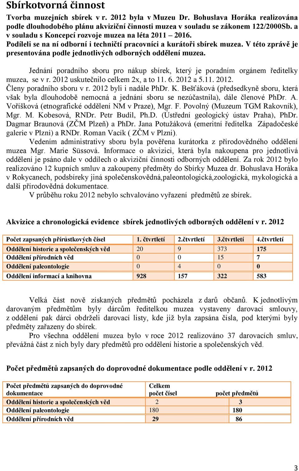 V této zprávě je presentována podle jednotlivých odborných oddělení muzea. Jednání poradního sboru pro nákup sbírek, který je poradním orgánem ředitelky muzea, se v r.