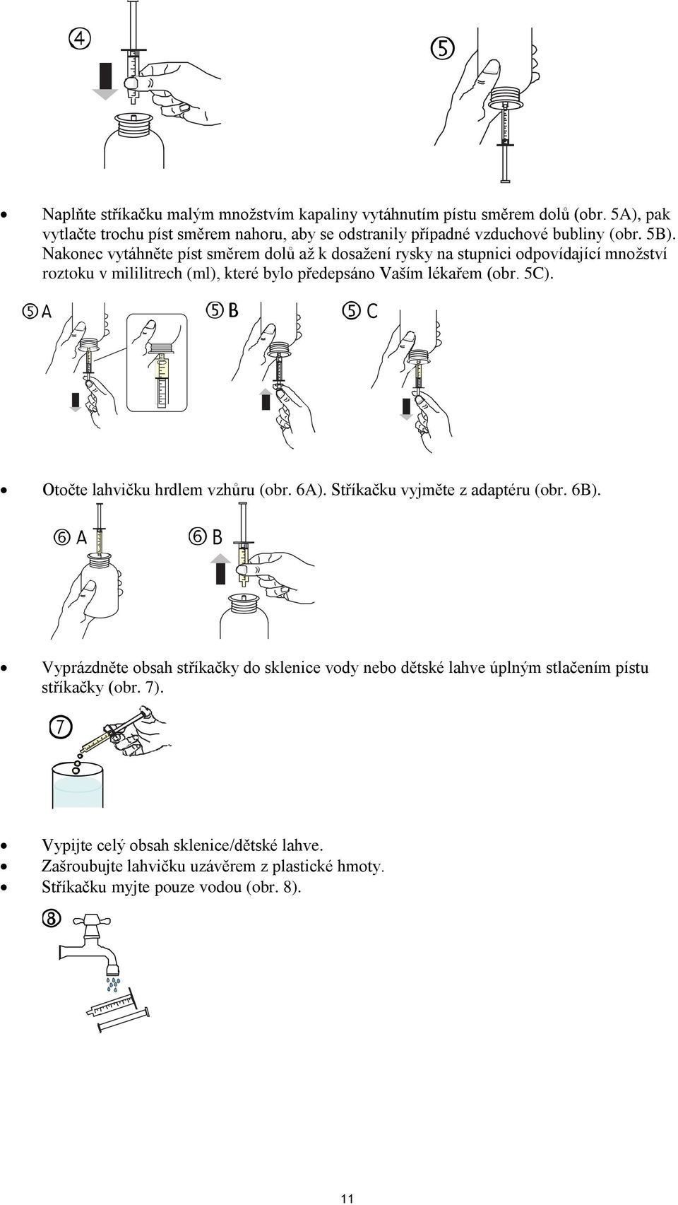 Nakonec vytáhněte píst směrem dolů až k dosažení rysky na stupnici odpovídající množství roztoku v mililitrech (ml), které bylo předepsáno Vaším lékařem (obr. 5C).