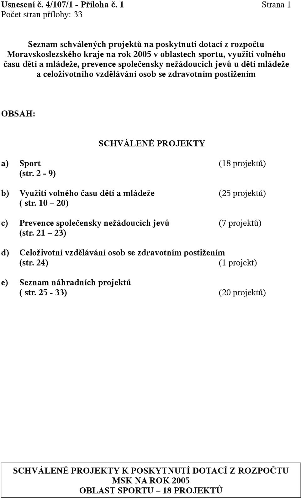 2-9) b) Využití volného času dětí a mládeže (25 projektů) ( str 10 20) c) Prevence společensky nežádoucích jevů (7 projektů) (str 23) d) Celoživotní vzdělávání osob se zdravotním