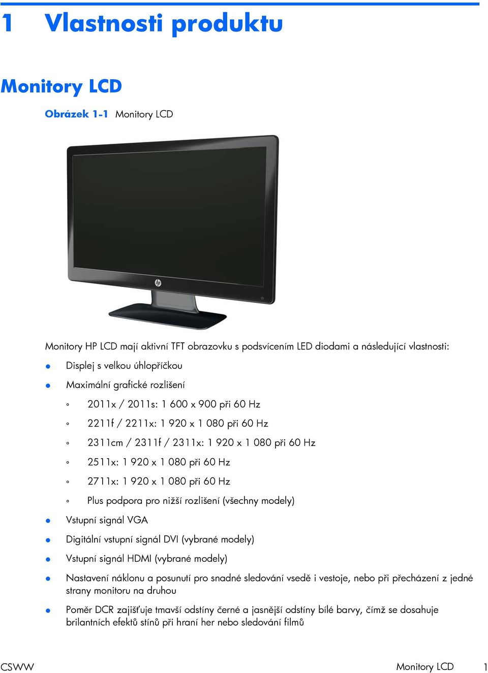 60 Hz Plus podpora pro nižší rozlišení (všechny modely) Vstupní signál VGA Digitální vstupní signál DVI (vybrané modely) Vstupní signál HDMI (vybrané modely) Nastavení náklonu a posunutí pro snadné
