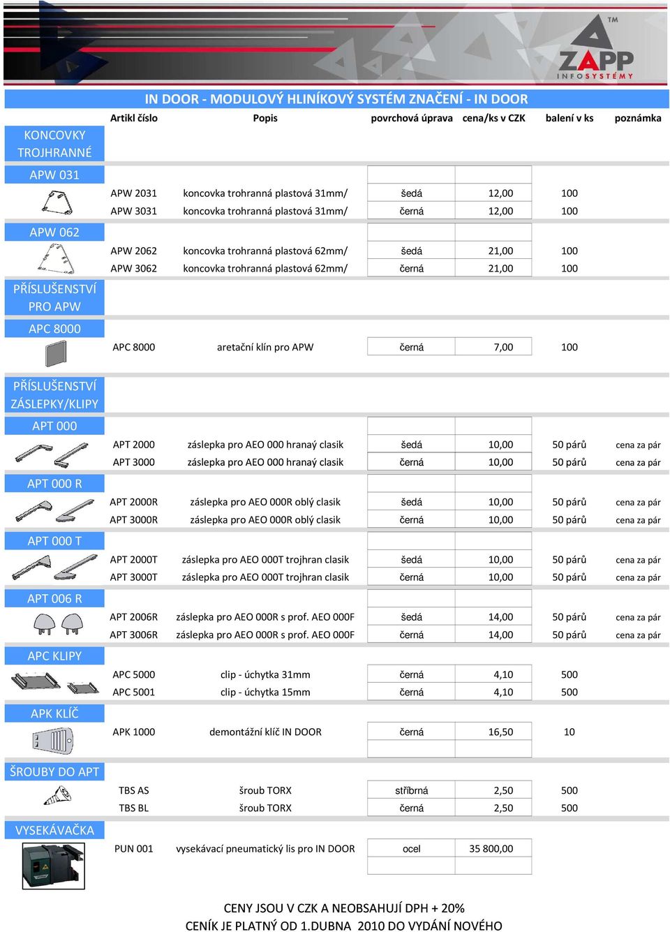 plastová 62mm/ černá 21,00 100 APC 8000 aretační klín pro APW černá 7,00 100 PŘÍSLUŠENSTVÍ ZÁSLEPKY/KLIPY APT 000 APT 000 R APT 000 T APT 006 R APC KLIPY APK KLÍČ APT 2000 záslepka pro AEO 000 hranaý