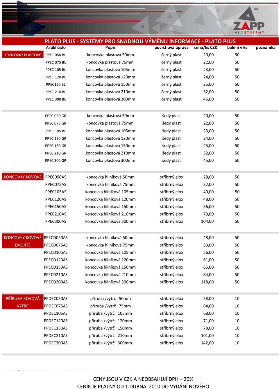 plastová 150mm černý plast 25,00 50 PPEC 210 BL koncovka plastová 210mm černý plast 32,00 50 PPEC 300 BL koncovka plastová 300mm černý plast 45,00 50 PPEC 050 GR koncovka plastová 50mm šedý plast