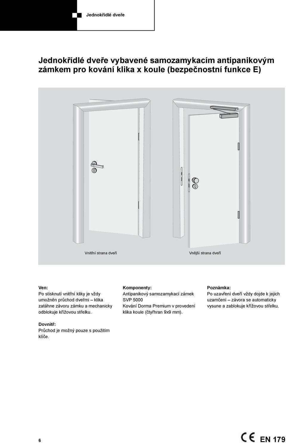 Antipanikový samozamykací zámek SVP 5000 Kování Dorma Premium v provedení klika koule (čtyřhran 9x9 mm).