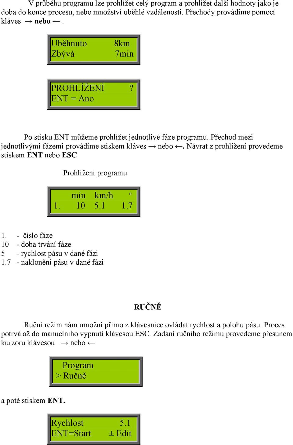 Návrat z prohlížení provedeme stiskem ENT nebo Prohlížení programu min km/h º 1. 10 5.1 1.7 1. - číslo fáze 10 - doba trvání fáze 5 - rychlost pásu v dané fázi 1.