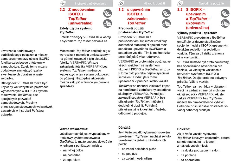 Dlatego też VERSAFIX może być używany we wszystkich pojazdach wyposażonych w ISOFIX i system mocowania TopTether, bez specjalnych pozwoleń samochodowych.