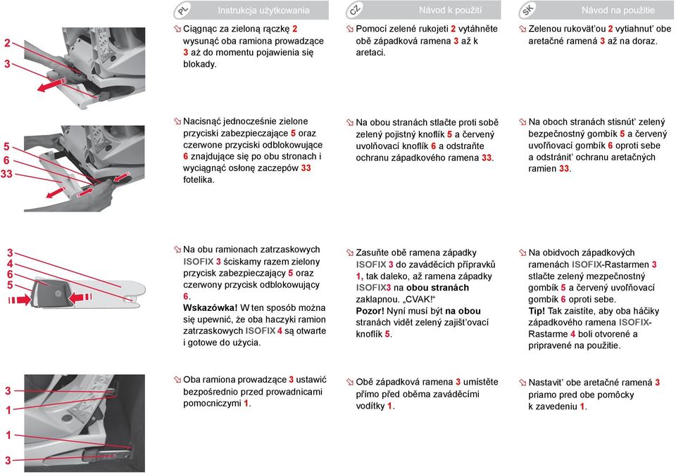 Nacisnąć jednocześnie zielone przyciski zabezpieczające 5 oraz czerwone przyciski odblokowujące 6 znajdujące się po obu stronach i wyciągnąć osłonę zaczepów 33 fotelika.