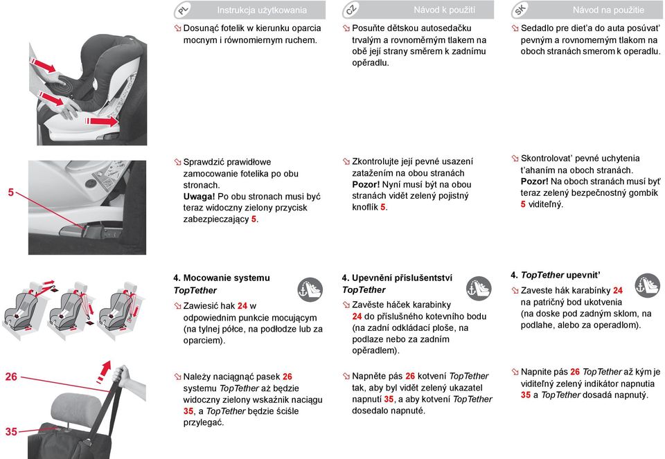 Po obu stronach musi być teraz widoczny zielony przycisk zabezpieczający 5. Zkontrolujte její pevné usazení zatažením na obou stranách Pozor!