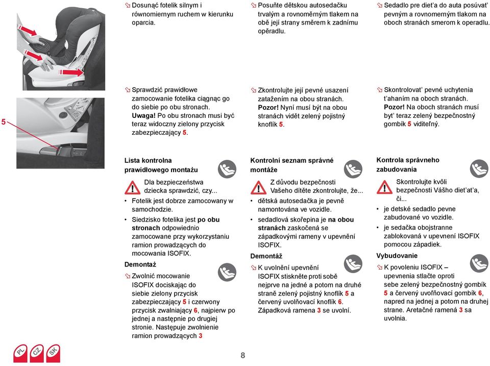 Po obu stronach musi być teraz widoczny zielony przycisk zabezpieczający 5. Zkontrolujte její pevné usazení zatažením na obou stranách. Pozor!