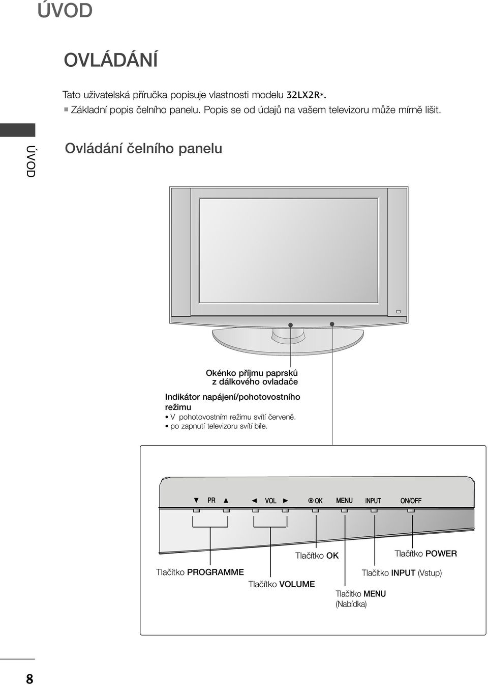 ÚVOD Ovládání ãelního panelu Okénko pfiíjmu paprskû z dálkového ovladaãe Indikátor napájení/pohotovostního reïimu V