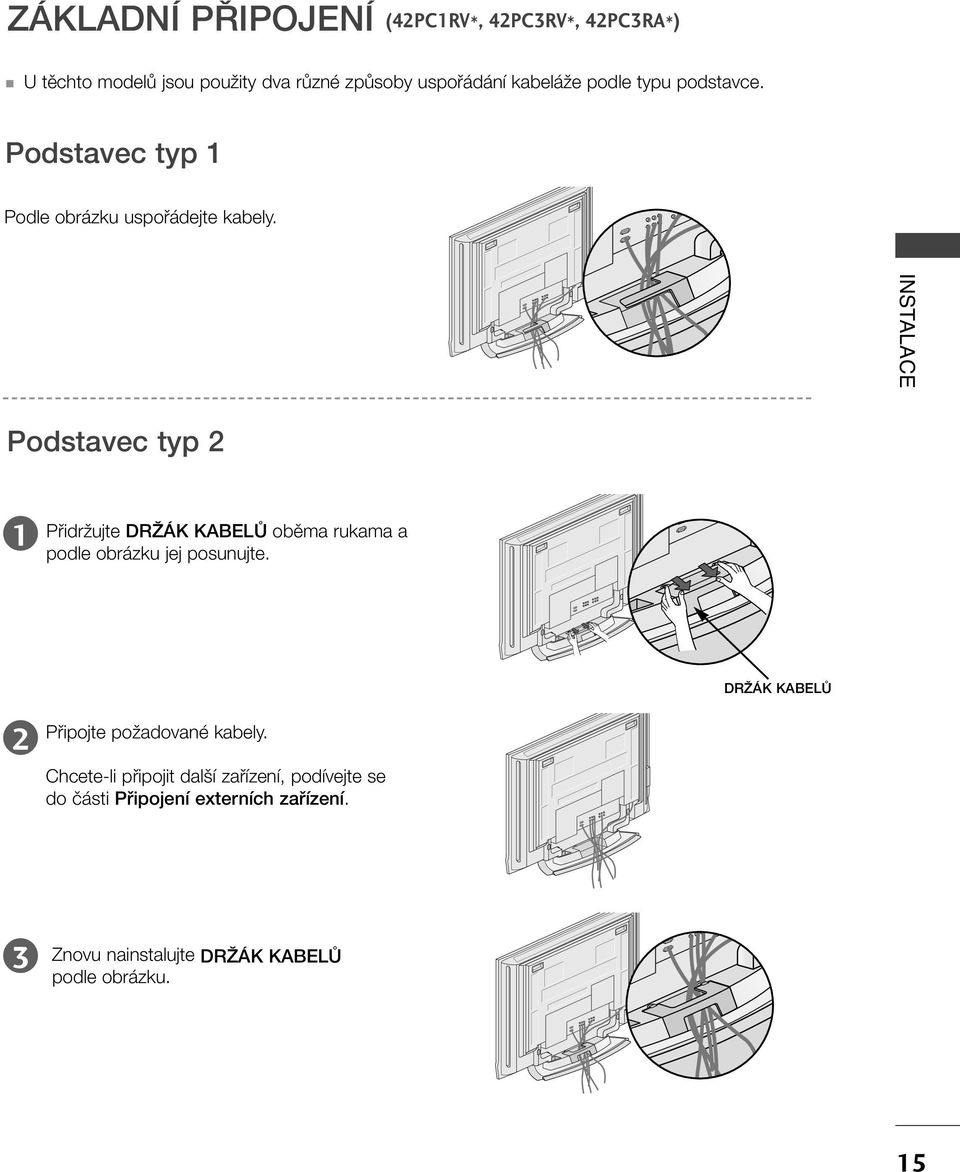 INSTALACE Podstavec typ PfiidrÏujte DRÎÁK KABELÒ obûma rukama a podle obrázku jej posunujte.