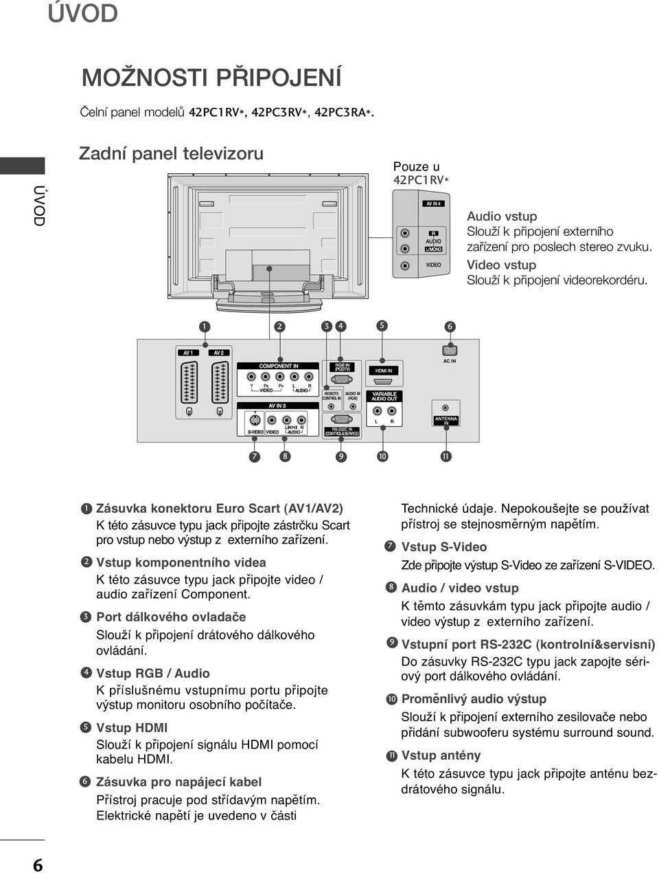 5 6 AV AV COMPONENT IN RGB IN (PC/DTV) HDMI IN AC IN VIDEO AV IN AUDIO REMOTE AUDIO IN CONTROL IN (RGB) VARIABLE AUDIO OUT ANTENNA IN S-VIDEO VIDEO ( MONO) AUDIO RS-C IN (CONTROL& SERVICE) 7 8 9 0 5