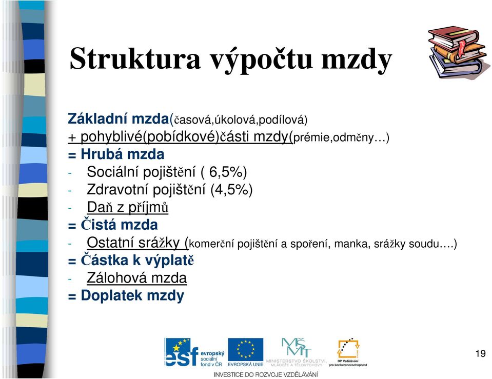 6,5%) - Zdravotní pojištění (4,5%) - Daň z příjmů = Čistá mzda - Ostatní srážky