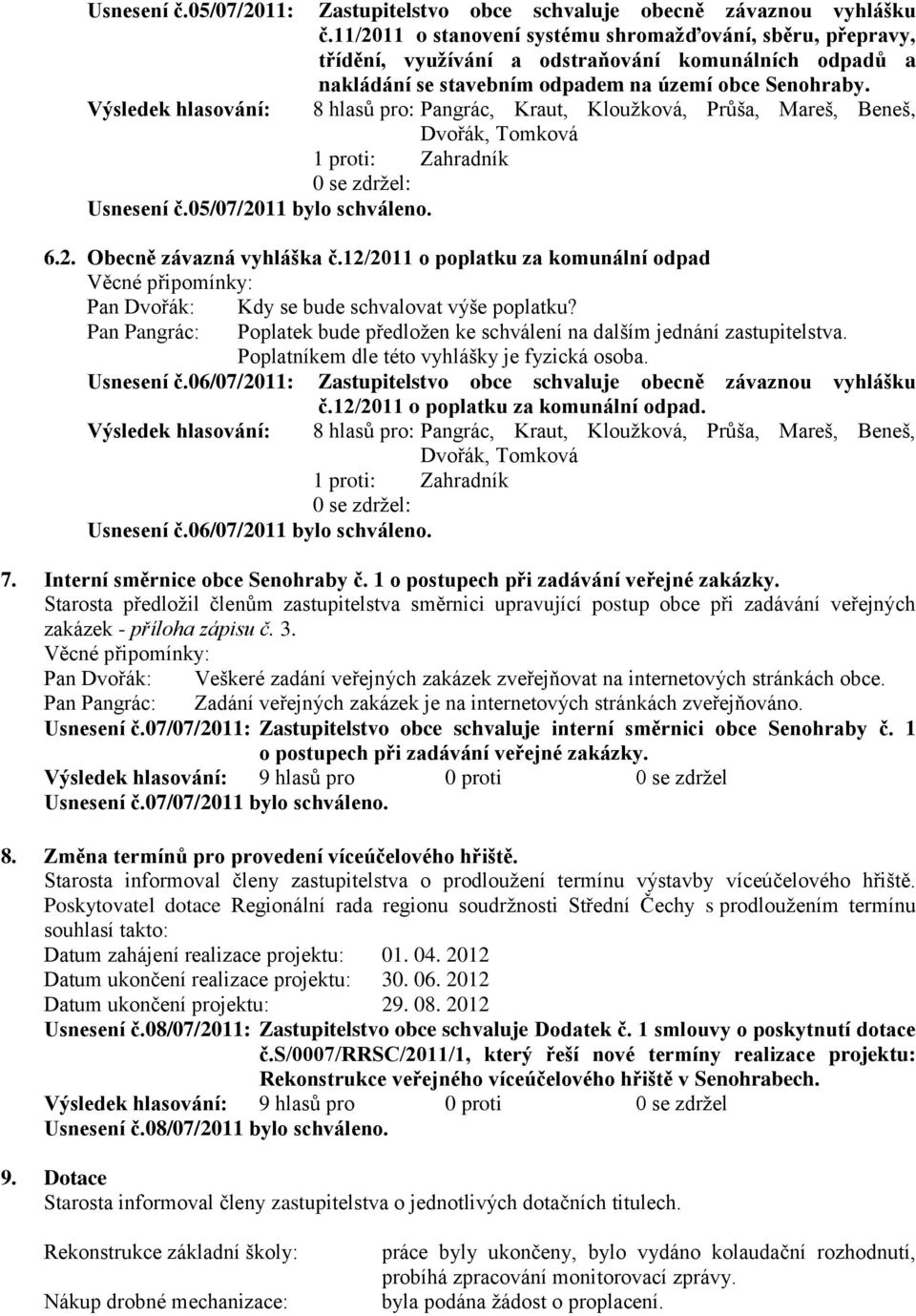 Výsledek hlasování: 8 hlasů pro: Pangrác, Kraut, Kloužková, Průša, Mareš, Beneš, Dvořák, Tomková 1 proti: Zahradník 0 se zdržel: Usnesení č.05/07/2011 bylo schváleno. 6.2. Obecně závazná vyhláška č.