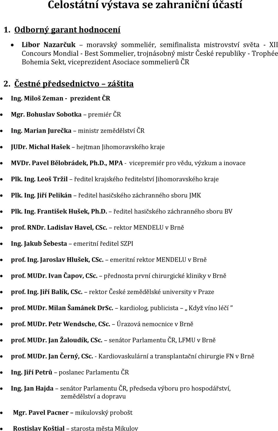 viceprezident Asociace sommelierů ČR 2. Čestné předsednictvo záštita Ing. Miloš Zeman - prezident ČR Mgr. Bohuslav Sobotka premiér ČR Ing. Marian Jurečka ministr zemědělství ČR JUDr.