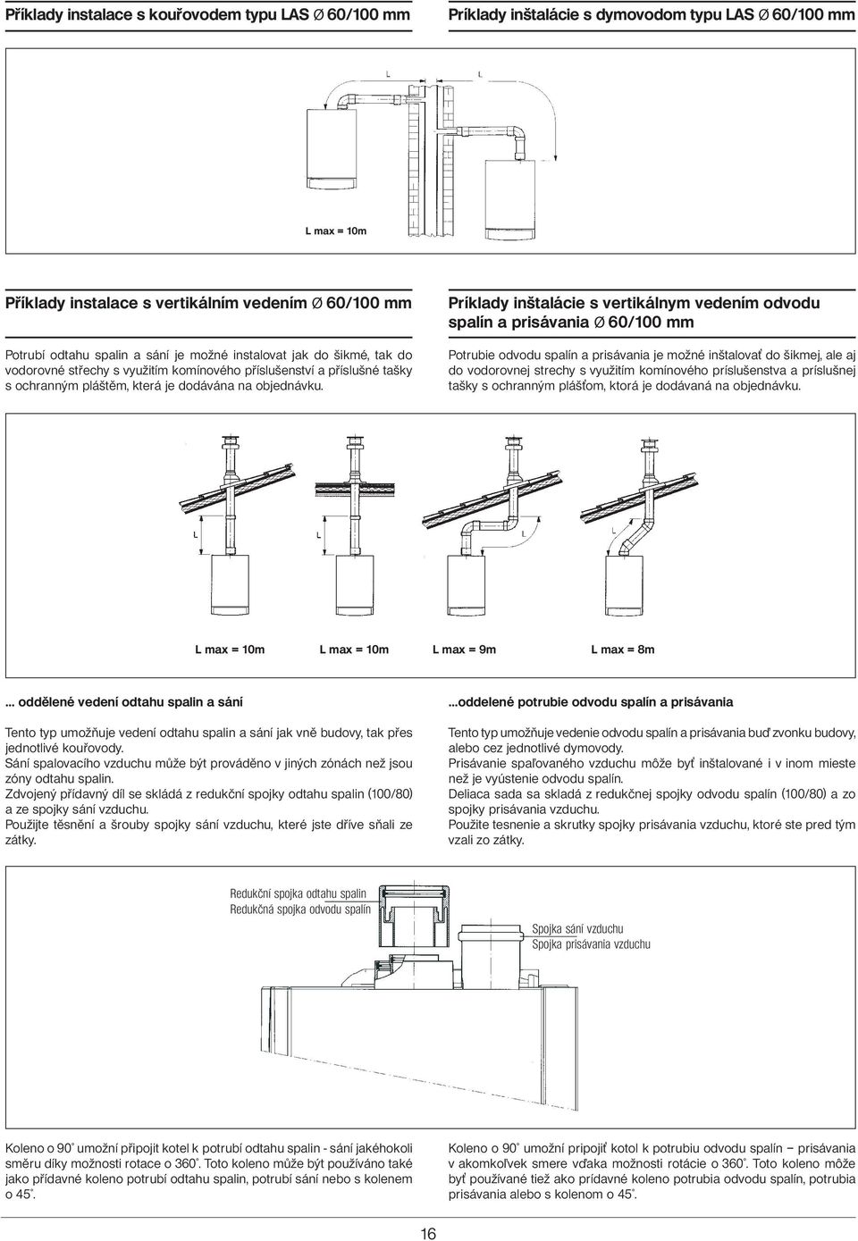 Príklady inštalácie s vertikálnym vedením odvodu spalín a prisávania Ø 60/100 mm Potrubie odvodu spalín a prisávania je možné inštalova do šikmej, ale aj do vodorovnej strechy s využitím komínového