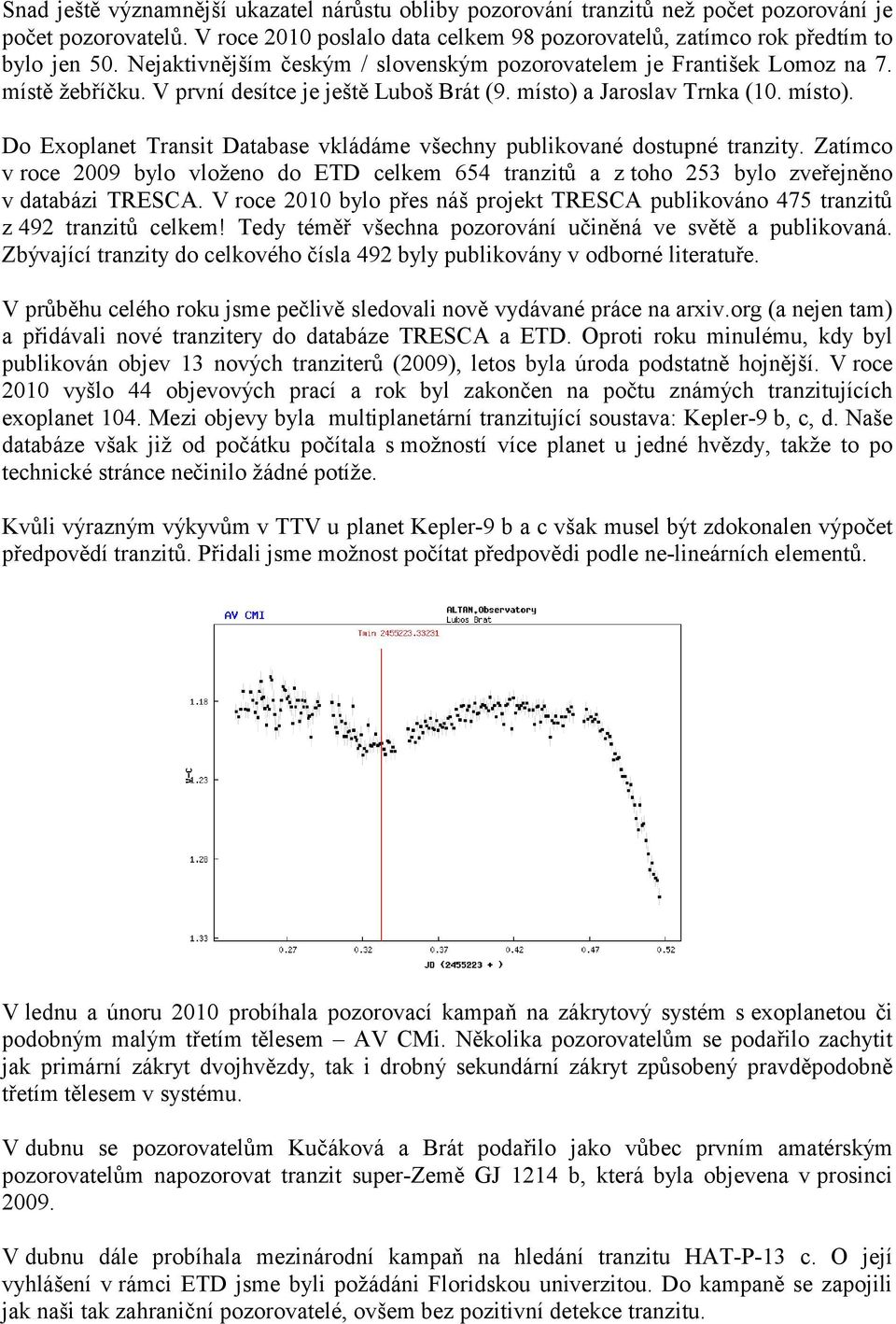 a Jaroslav Trnka (10. místo). Do Exoplanet Transit Database vkládáme všechny publikované dostupné tranzity.