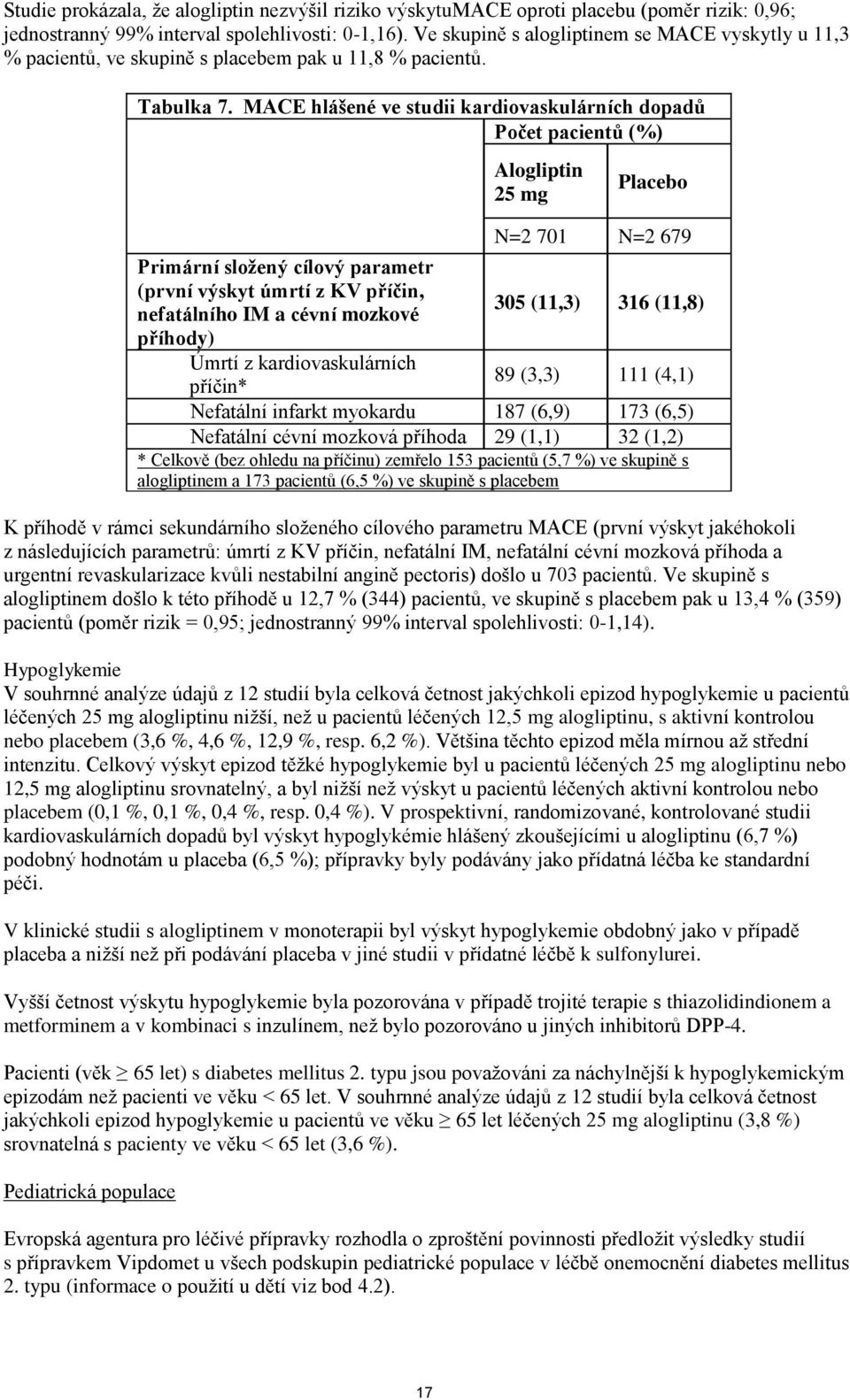 MACE hlášené ve studii kardiovaskulárních dopadů Počet pacientů (%) Alogliptin 25 mg Placebo N=2 701 N=2 679 Primární složený cílový parametr (první výskyt úmrtí z KV příčin, nefatálního IM a cévní