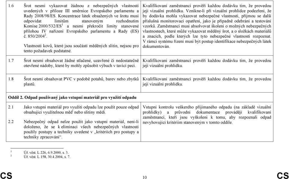 850/2004 2. Vlastnosti kovů, které jsou součástí měděných slitin, nejsou pro tento požadavek podstatné. 1.