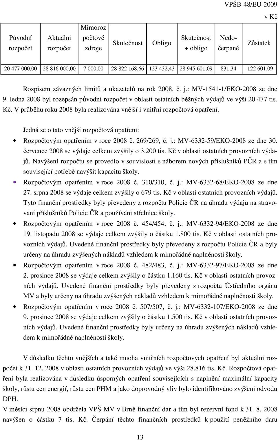 Kč. V průběhu roku 2008 byla realizována vnější i vnitřní rozpočtová opatření. Jedná se o tato vnější rozpočtová opatření: Rozpočtovým opatřením v roce 2008 č. 269/269, č. j.