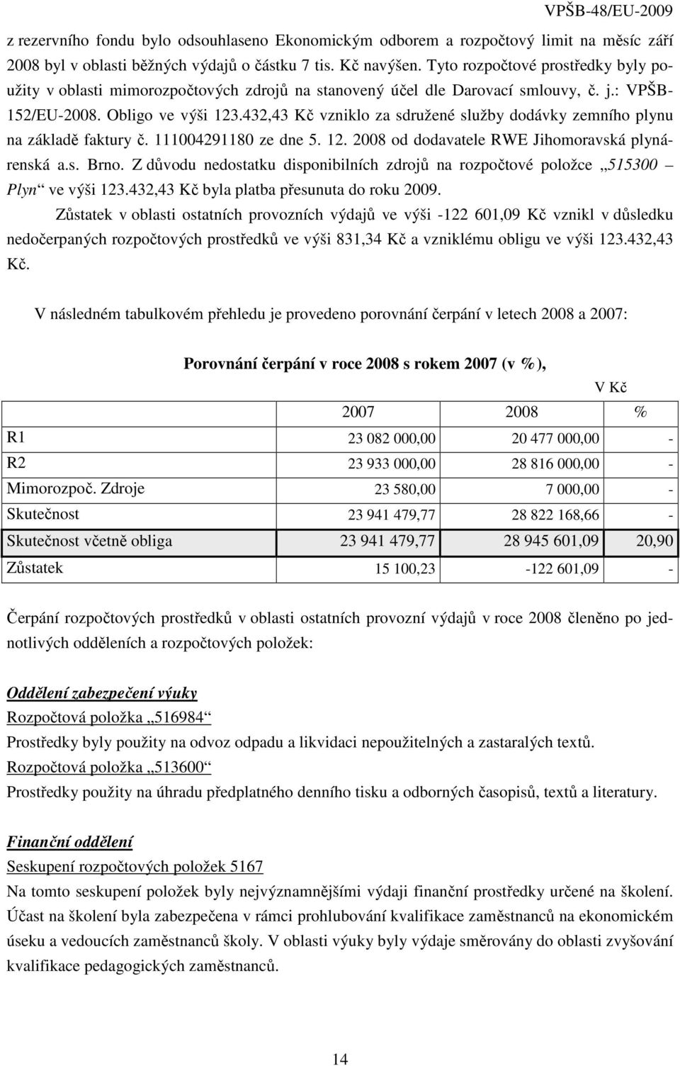 432,43 Kč vzniklo za sdružené služby dodávky zemního plynu na základě faktury č. 111004291180 ze dne 5. 12. 2008 od dodavatele RWE Jihomoravská plynárenská a.s. Brno.