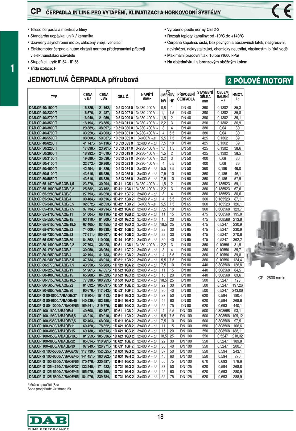 krytí: IP 54 - IP 55 Třída izolace: F JEDNOTLIVÁ ČERPADLA přírubová Vyrobeno podle normy CEI 2-3 Rozsah teploty kapaliny: od -10 C do +140 C Čerpaná kapalina: čistá, bez pevných a abrazivních látek,