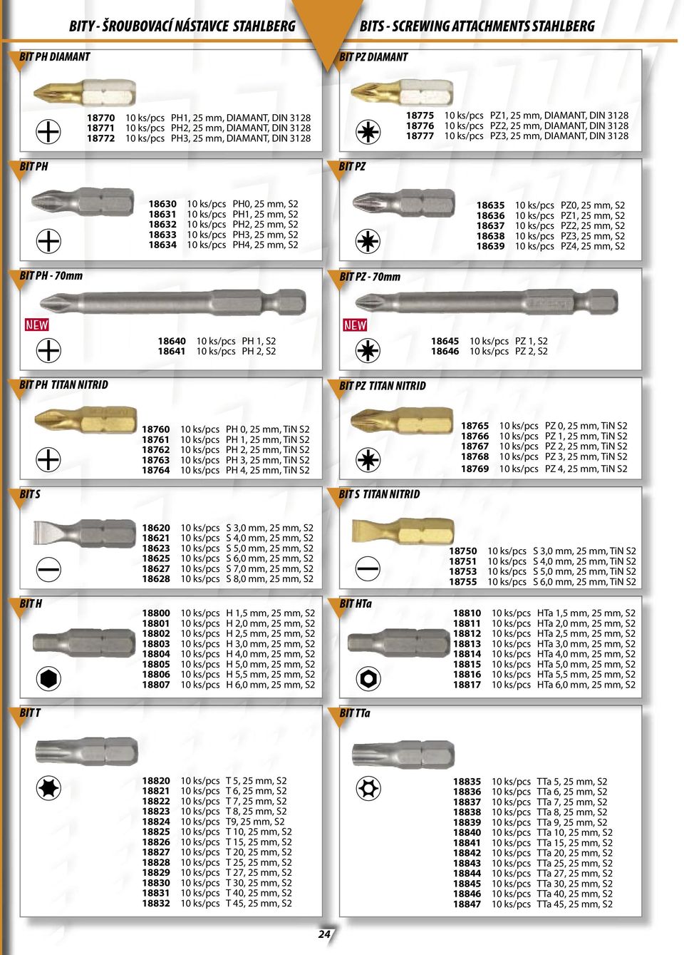 PH - 70mm 18630 10 ks/pcs PH0, 25 mm, S2 18631 10 ks/pcs PH1, 25 mm, S2 18632 10 ks/pcs PH2, 25 mm, S2 18633 10 ks/pcs PH3, 25 mm, S2 18634 10 ks/pcs PH4, 25 mm, S2 BIT PZ - 70mm 18635 10 ks/pcs PZ0,